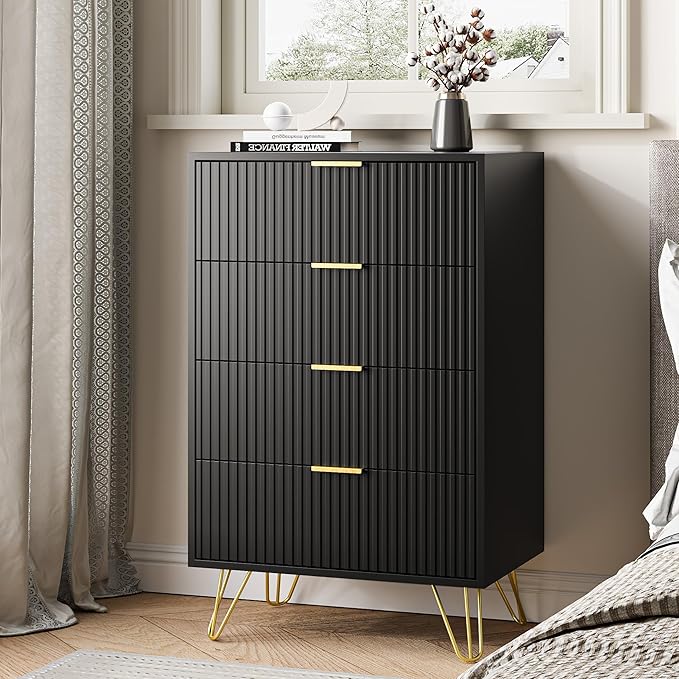 Black Dresser for Bedroom, 4 Drawer Dresser with Gold Metal Handles & Chests of Drawers, Chests of Drawers for Hallway, Bedroom