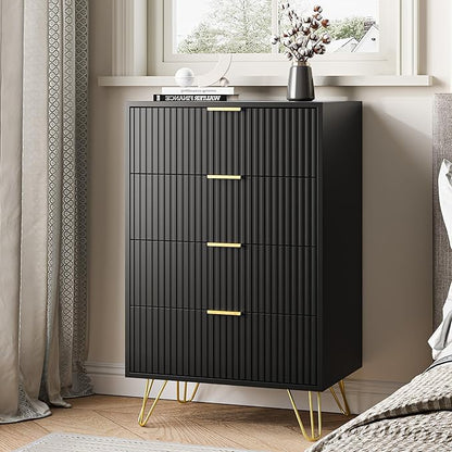 Black Dresser for Bedroom, 4 Drawer Dresser with Gold Metal Handles & Chests of Drawers, Chests of Drawers for Hallway, Bedroom