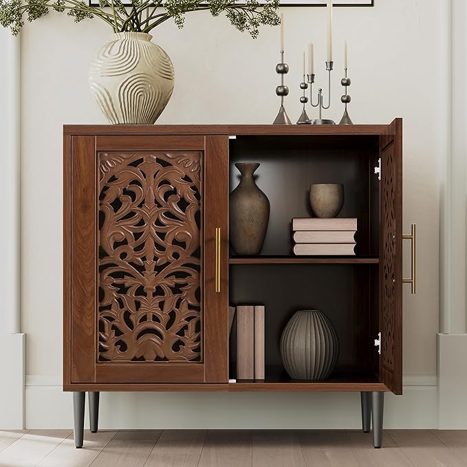 ARTPOWER Accent Cabinet with 2 Doors, Vintage Hollow Carving Buffet Cabinet, Sideboards and Buffets with Storage, Credenza for Living Room, Kitchen, Dining Room, Entryway, Hallway, Walnut