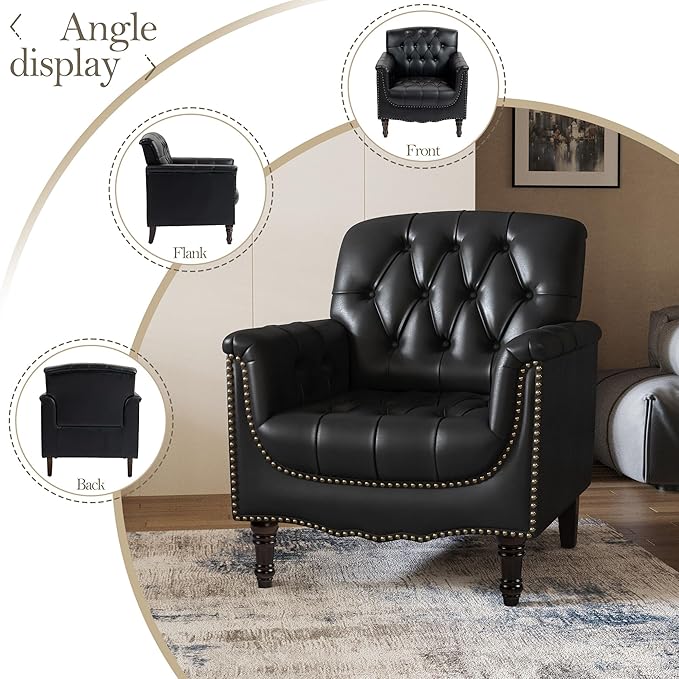 Pia Ricco Faux Leather Armchair Set of 2, Modern Accent Chairs with Nailhead Trim and Solid Wood Legs, Upholstered Comfort for Living Room, Office, Bedroom - Black