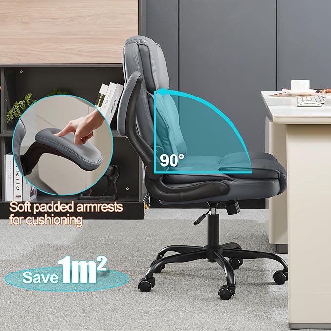 Office Desk Chair,Mid Back Executive Leather Chair,Ergonomic Home Computer Chair,Modern Conference Room Chairs with Adjustable Flip-Up Arms and Rocking Function (Grey)