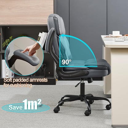 Office Desk Chair,Mid Back Executive Leather Chair,Ergonomic Home Computer Chair,Modern Conference Room Chairs with Adjustable Flip-Up Arms and Rocking Function (Grey)