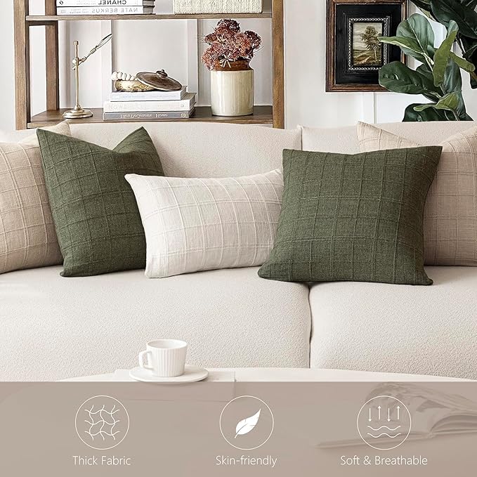 Foindtower Set of 2 Decorative Linen Check Throw Pillow Covers Neutral Farmhouse Lumbar Cushion Covers Modern Boho Home Decor for Sofa Chair Couch Bedroom Living Room,12×24 Inch,Natural Linen