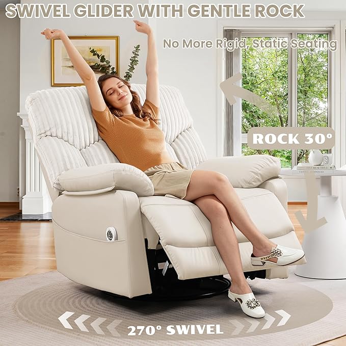 Power Swivel Rocker Recliner Chair with Massage and Heat for Adults, Electric Infinite Position Recliner with USB Charging Port, Corduroy and PU Leather Mixed Fabric, Easy Assembly (Ivory)