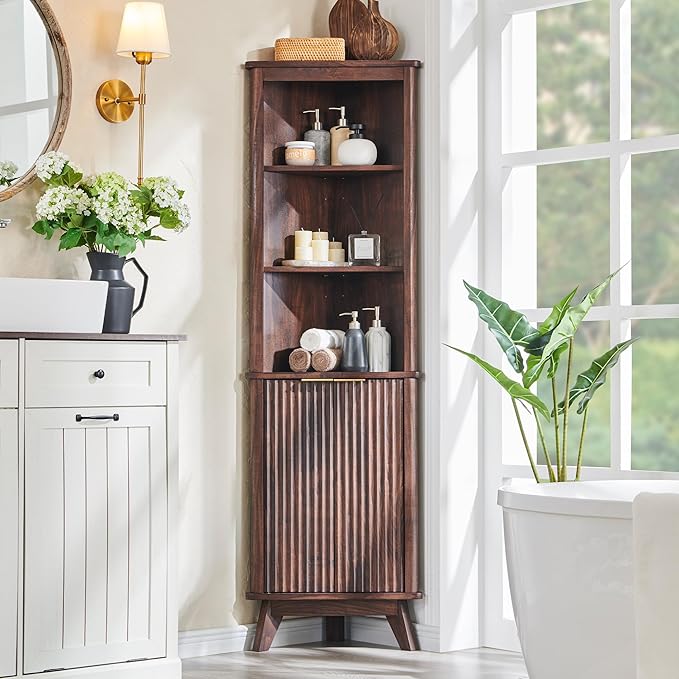 RedLemon 68" Tall Corner Cabinet, Modern Fluted Storage Cabinet with Adjustable Shelves, Curved Profile Design, Space Saver for Bathroom, Living Room, Kitchen, Walnut