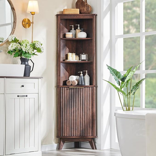 RedLemon 68" Tall Corner Cabinet, Modern Fluted Storage Cabinet with Adjustable Shelves, Curved Profile Design, Space Saver for Bathroom, Living Room, Kitchen, Walnut