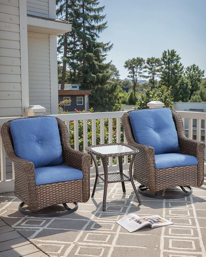 Patio Chairs Outdoor Swivel Glider - Set of 4 High Back Outside Brown Wicker Rattan Rocking Chair with Thick Cushion for Porch Apartment Deck Yard Poolside Garden - Navy Blue