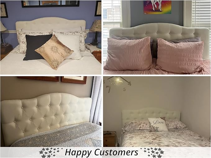 Naomi Home Cassandra Full Size Bed Headboard, Square Tufted, White Linen Fabric, Height Adjustable 42"-52", Metal Legs, Wall/Bed Mount