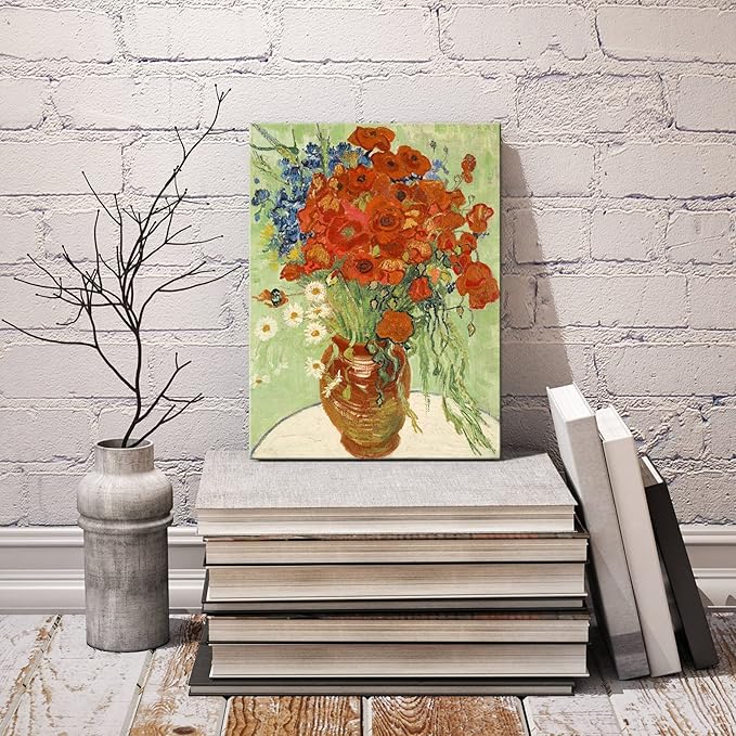 Wieco Art Abstract HD Red Poppies and Daisies Canvas Prints Wall Art of Van Gogh Famous Floral Oil Paintings Reproduction Classic Flowers Pictures Artwork on for Home Office Decorations Wall Decor