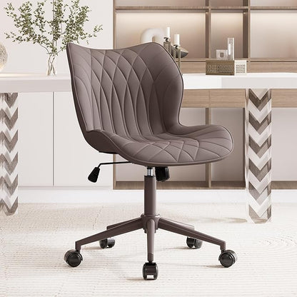 YOUNUOKE Armless Desk Chair Comfy Office Chair with Wheels Home Ergonomic Task Chair Adjustable Computer Chairs Modern Faux Leather Swivel Chair Upholstered Makeup Vanity Chair with Back(Brown)