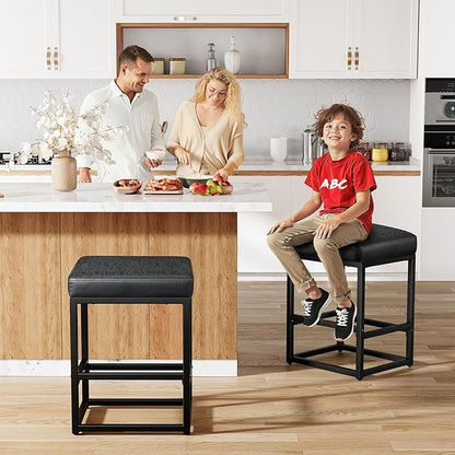 Counter Height Bar Stools Set of 2, 24" Barstools for Kitchen Countertop, Faux Leather Counter Stools with Thick Square Seats & Sturdy Metal Base, Simple Assembly, Black