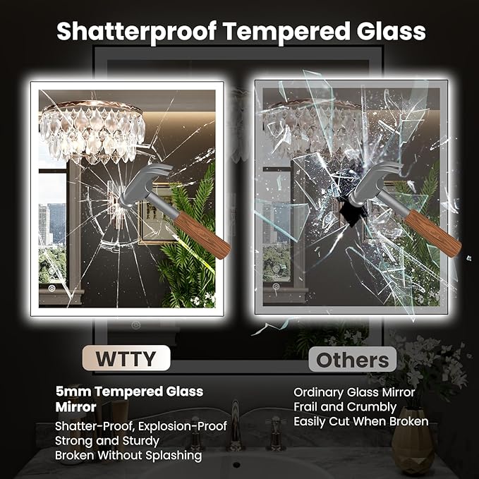 WTTY 32"X36" LED Bathroom Mirror with Black Frame, Bathroom Vanity Mirror with Lights for Wall, Front Light and Backlit, Anti-Fog, Dimmable, 3 Colors, Shatterproof, Memory, Horizontal/Vertical