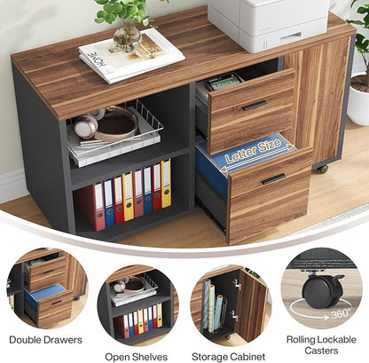 Tribesigns 71 inch Executive Desk, L Shaped Desk with Mobile File Cabinet, Executive Office Table with 2 Drawers and Storage Shelves, Business Furniture Workstation for Home Office, Walnut and Black