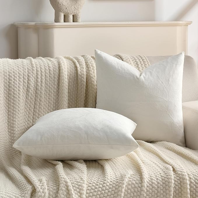 FUTEI Cream Velvet Throw Pillow Covers 12x20 Inch Set of 2,Soft Embossed Leaf-Relief Textured Lumbar Pillow Cases,Natural Home Decor for Couch Living Room