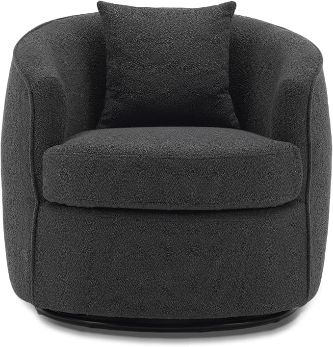 Swivel Accent Chair, Modern Upholstered Boucle Barrel Arm Chairs with Pillow for Living Room, 360 Degree Round Swivel Sherpa Armchair with Round Base for Bedroom Club (1, Dark Grey)
