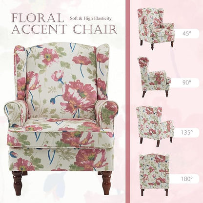 MELLCOM Floral Accent Chair, High Back Upholstered Armchair with Solid Legs, Leisure Single Sofa Chair for Living Room, Bedroom, Home Office, Pink Floral
