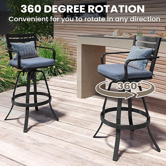 Pellebant Patio Swivel Barstools Set of 6, Aluminum 29.5" Outdoor Bar Height Stool Chairs with Back & Footrest,Rust-Proof Tall Patio Bar Stools for Deck Lawn Garden,Spectrum Denim