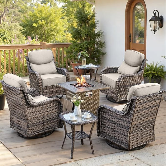 Belord Luxury 6" Thick Cushioned Outdoor Swivel Rocker Chairs Set of 4 with Fire Pit Table, High Back Wicker Patio Furniture Set with Ergonomic Zone Back, Conversation Set for Deck Porch - Grey+Beige