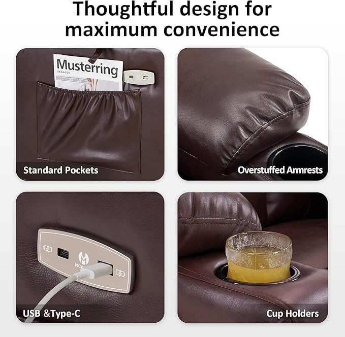 MCombo Large Dual Motor Power Lift Recliner Chair for Elderly, Massage and Heat, Lay Flat, Zero Gravity, Home Button, USB Port, Faux Leather 7680 (Light Brown, Large)