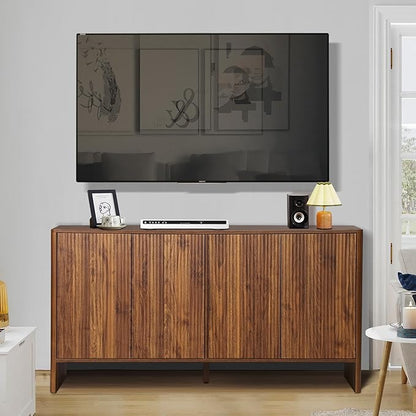 Sideboard Buffets Cabinet, Modern Accent Storage Cabinet with 4 Fluted Doors and Adjustable Shelves, Wood Credenza Buffet Sideboards, Console Table for Kitchen Dining Living Room Entryway (Walnut)