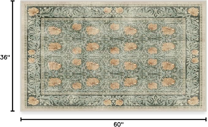 RUGGABLE x Morris & Co Washable Area Rug – Pimpernel Vintage Green 3x5, Stain-Resistant, Non-Slip – Small Machine Washable Rugs for Living Room, Bedroom, Hallway, Entryway & Office–with Cushioned Pad
