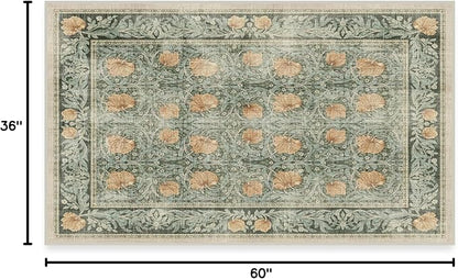 RUGGABLE x Morris & Co Washable Area Rug – Pimpernel Vintage Green 3x5, Stain-Resistant, Non-Slip – Small Machine Washable Rugs for Living Room, Bedroom, Hallway, Entryway & Office–with Cushioned Pad
