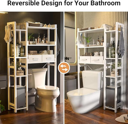 Over The Toilet Storage with 2 Drawers - 7 Tier Bathroom Organizer with Adjustable Shelf, Freestanding Space Saver Storage Rack Above Toilet Stand with 4 Hooks for Restroom, Laundry, White
