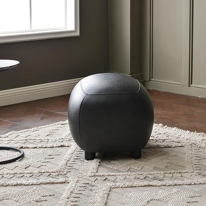 KINWELL 23" Wide Faux Leather Upholstered Ottoman, Mid-Century Modern Living Room Footrest with Soft Padded Seat, Footstool for Bedroom, Entryway or Living Room, Black