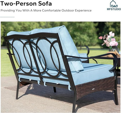 MFSTUDIO 5 PCS Outdoor Patio Furniture Set, Metal Outdoor Conversation Set, Rattan Wicker Patio Sectional Sofa Set with 2 x Fixed Single Sofa, 2-Seat and 3-Seat Sofa, 1 x Coffee Table, Blue