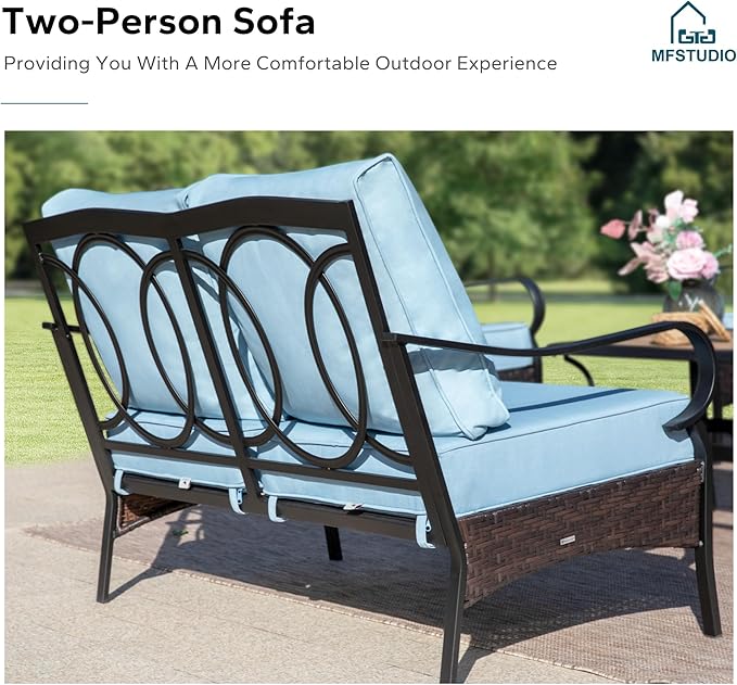 MFSTUDIO 5 PCS Outdoor Patio Furniture Set, Metal Outdoor Conversation Set, Rattan Wicker Patio Sectional Sofa Set with 2 x Rocking Single Sofa, 2-Seat and 3-Seat Sofa, 1 x Coffee Table, Blue