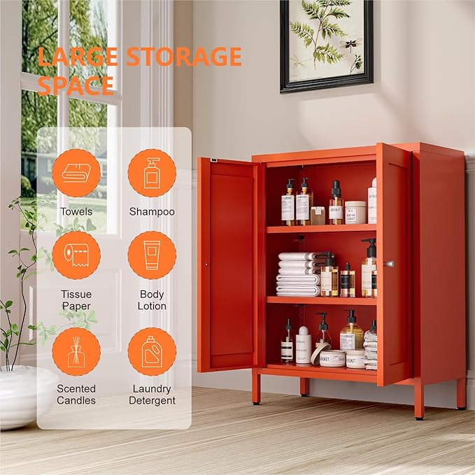 Metal Bathroom Cabinet, Small Floor Storage Cabinet, Freestanding Sideboard with 2 Adjustable Shelves for Living Room, Dinging Room (Orange, 31.5" H-2 Doors)