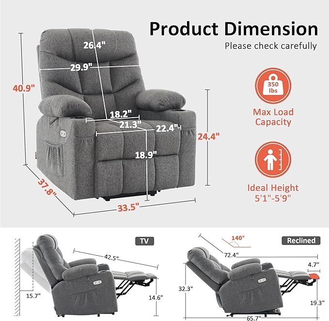 MCombo Power Lift Recliner Chair with Extended Footrest for Elderly People, Fabric 7287 (Dark Gray, Medium)