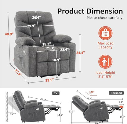 MCombo Power Lift Recliner Chair with Extended Footrest for Elderly People, Fabric 7287 (Dark Gray, Medium)
