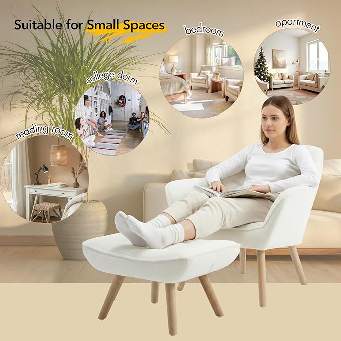 Small Accent Chair with Ottoman, Sherpa Upholstered Lounge Chair with Footrest, Comfy Reading Armchair with Wood Legs for Living Room Bedroom, White