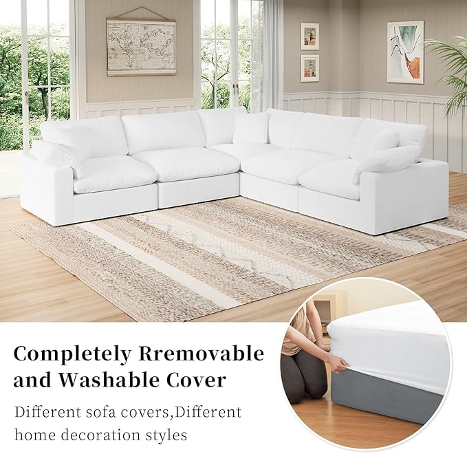 Modular Sectional Sofa Cloud Couch,Down Filled Comfy Cloud Modern Sofa,White Linen V Shape 5 Seater Oversized Couch Cushion Covers Removable for Living Room