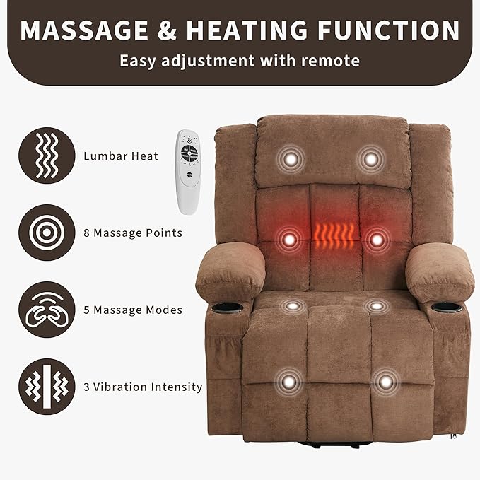 Large Power Lift Recliner Chair for Elderly Overstuffed Wide Electric Lift Chair with Heat and Massage for Big and Tall Adults Reclining Sofa Chair with 2 Cup Holders, Side Pocket, USB Port, Brown