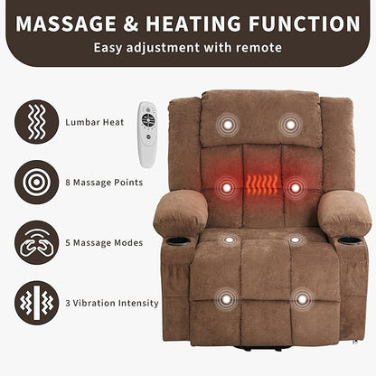 Large Power Lift Recliner Chair for Elderly Overstuffed Wide Electric Lift Chair with Heat and Massage for Big and Tall Adults Reclining Sofa Chair with 2 Cup Holders, Side Pocket, USB Port, Brown