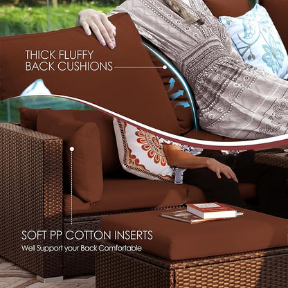 NICESOUL 7 Piece Modular Outdoor Furniture Set with Firepit Natural Gas&Propane, 29.3'' High Back L-Shaped 6-Seater Patio Wicker Sectional Sofa Couch Sets for Tall People, Brown Rattan and Red Cushion