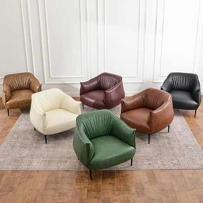 KINWELL 33" W Faux Leather Barrel Chairs Set of 2 with Hand-Tufted Pleated Back Flared Arms, Modern PU Upholstered Accent Chairs with Metal Legs, Large Armchairs Lounge Chairs for Living Room, Green