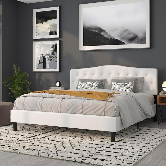 BizChair Tufted Upholstered King Size Headboard in White Fabric