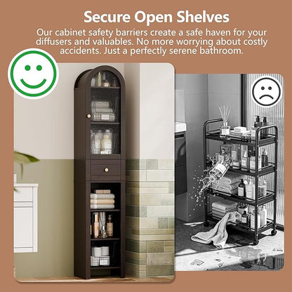 70" Tall Bathroom Storage Cabinet with Acrylic Door，Narrow Storage Cabinet with Drawer Adjustable Shelves, Modern Arched Design Bathroom Cabinet for Bathroom, Living Room, Kitchen, Espresso