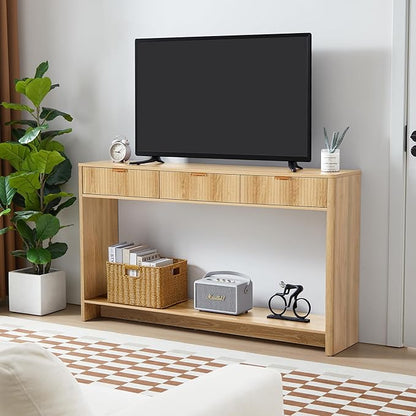Entryway Table with Storage, Narrow Console Table with 3 Drawers, 55.12' Couch Table Behind Sofa Long for Living Room TV, Hallway Entrance Foyer, Mid Century Modern Boho Fluted Console Table