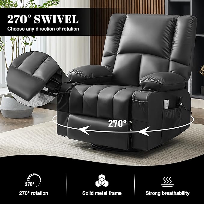 Swivel Rocker Chair with Heat and Massage, 270° Power Recliner Chairs for Adults, USB and Type-C Ports, Oversized Recliner Single Sofa, Electric Glider Chair(Black)