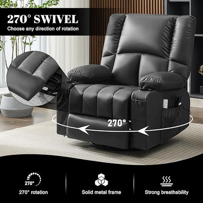 Swivel Rocker Chair with Heat and Massage, 270° Power Recliner Chairs for Adults, USB and Type-C Ports, Oversized Recliner Single Sofa, Electric Glider Chair(Black)
