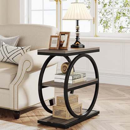 LITTLE TREE 3-Tier End Table Set 2, Grey Side End Table with Storage Shelves, Small Sofa Side Table for Living Room, Slim Nightstand and Bedside Table with Black Double Round Metal Legs