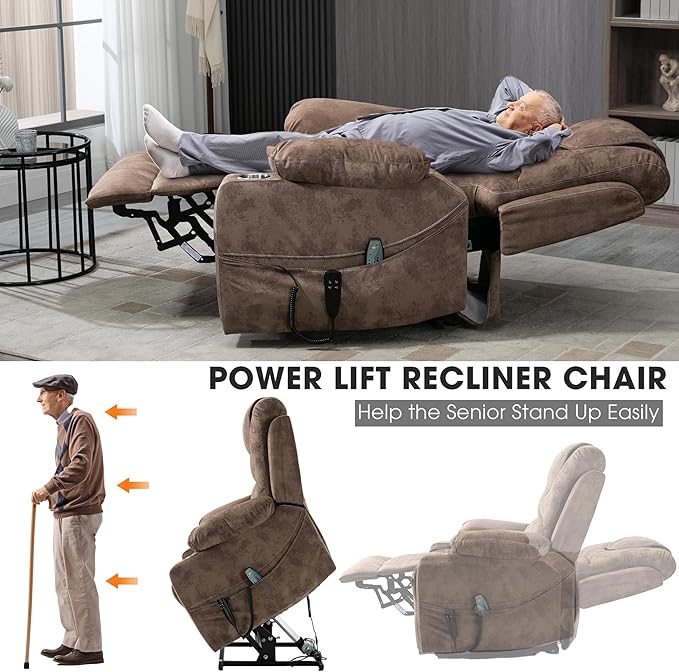 Large Power Lift Recliner Chair Sofa with Massage and Heat for Big and Tall Elderly,Infinite Positions,Dual Motor,Cup Holders,Extended Footrest,Velvet Home Theater Seat