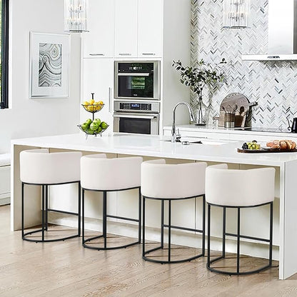 Contemporary Cream Linen Bar Stools Set of 4, 32" Upholstered Fabric Counter Height Bar Stools Kitchen Counter Island Stools with Black Metal Base