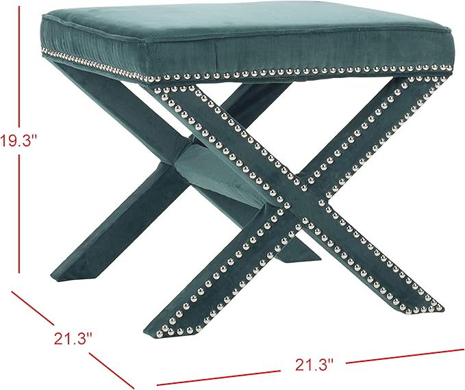 SAFAVIEH Home Collection Palmer Marine with Silver Nailhead Trim X-Bench Ottoman Foot Stool, Fully Assembled (MCR4589U)
