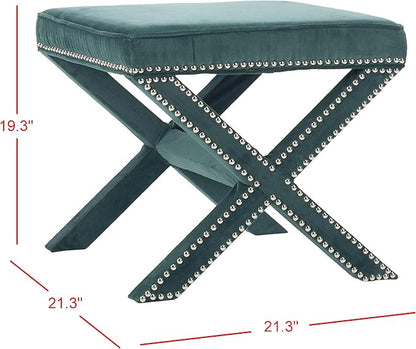 SAFAVIEH Home Collection Palmer Marine with Silver Nailhead Trim X-Bench Ottoman Foot Stool, Fully Assembled (MCR4589U)