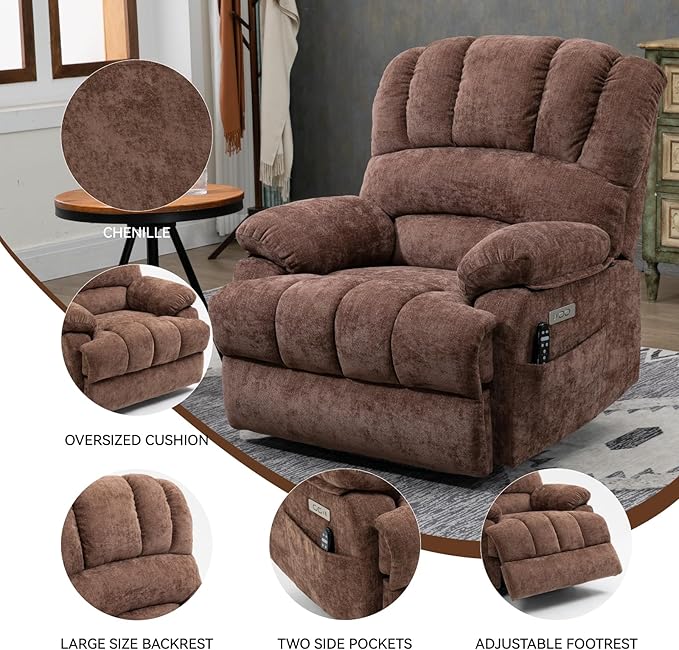 Power Lift Recliner Chair for Elderly with Heat Function, 8 Node Massage with 3 Modes, Silent Operation, Oversized Electric Lift Recliner Single Sofa for Living Room with USB Charging, Brown